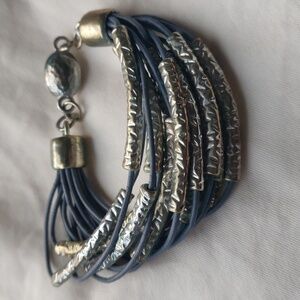 CHICOS Multi-Strand Bracelet Hammered Silver and Gray Faux Leather